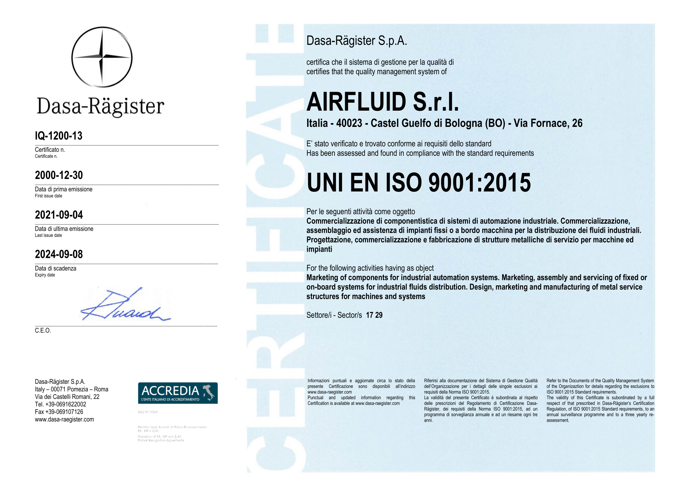 Certificato ISO 9001:15 2021